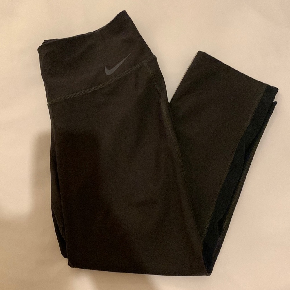 Nike Dri-Fit Cropped Work Out Leggings -Dark Green with Black Mesh